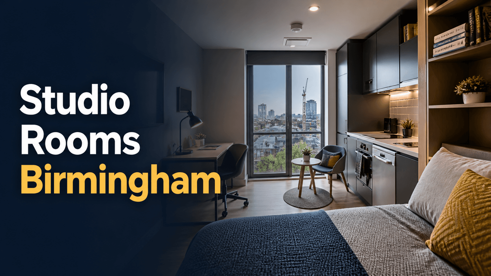 Modern studio room with bed, desk, and kitchen area
